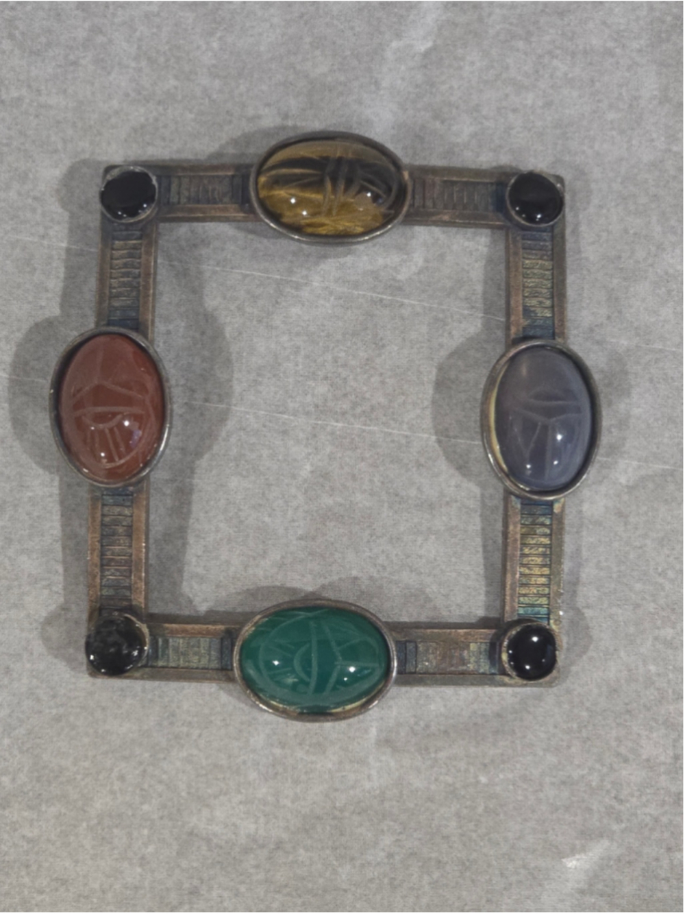 Rare Kate Hines Egyptian Revival Multi-Stone Carved Scarab Brooch Pin 2.5"